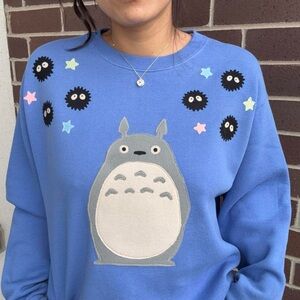 Blue Totoro Upcycled Movie Sweatshirt with Star and Soot Sprite Accents